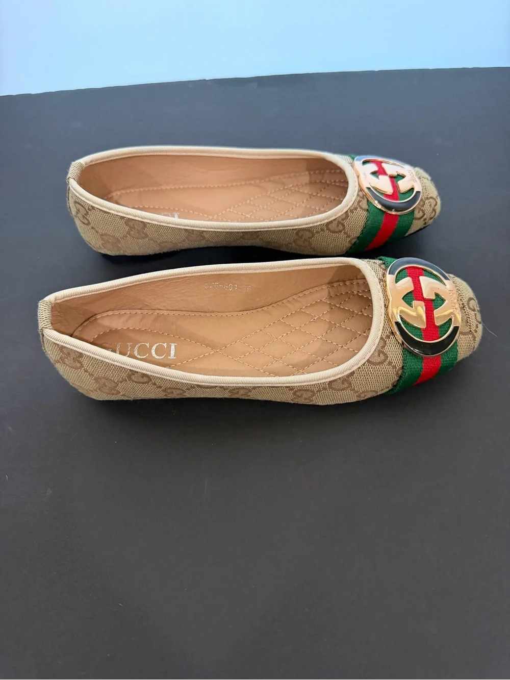 Beige Canvas Ballet Flats with Green-Red Stripe and Gold Emblem